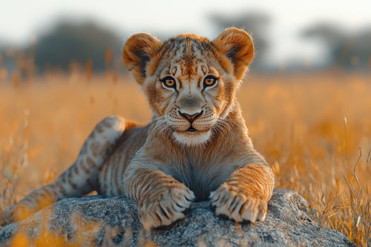 A lion cub sitting on a rock in the grass photo