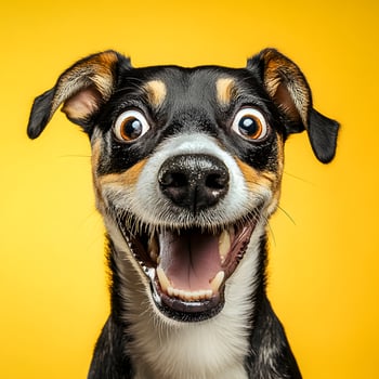 Portrait of the happy face of Jack Russell Terrier dog on a yellow background. photo