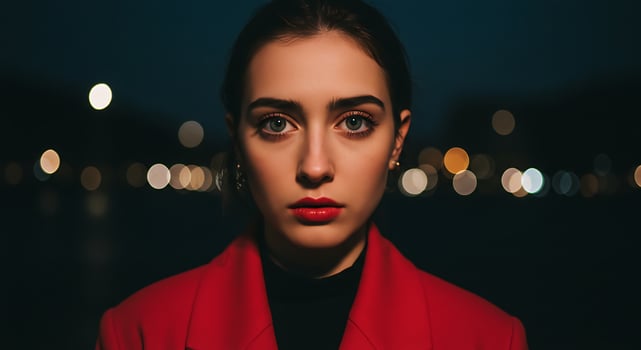 Elegant woman with piercing gaze against a blurred cityscape backdrop - Generated using AI photo