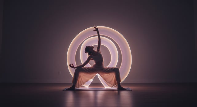 Silhouette of a woman in yoga pose with glowing circles behind her - Generated using AI photo