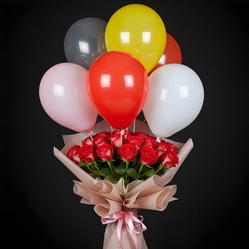 A bouquet of balloons and roses with a black background photo