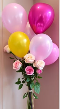 A bouquet of balloons and roses in a vase photo