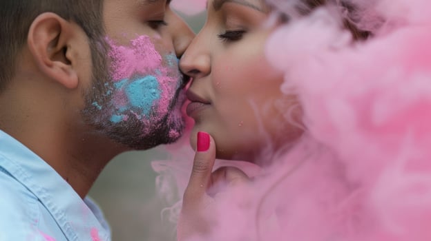 A couple is sharing a tender moment, their faces close together, as they are adorned with colorful powders photo
