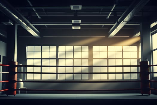 An empty boxing ring with a light shining through the window photo