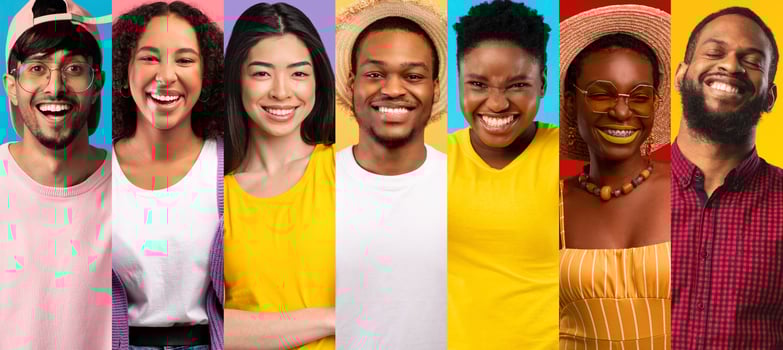 A vibrant collage features cheerful, smiling individuals from diverse backgrounds. Each person showcases their unique style and joyful expressions against bright, colorful backgrounds. photo