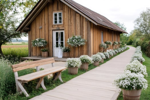 Wooden barn decorated with white flowers and boardwalk leading to it photo