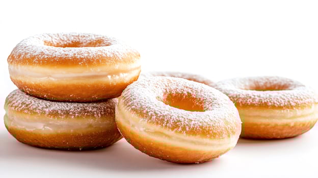 Four delicious donuts with icing sugar forming a small stack on white background photo