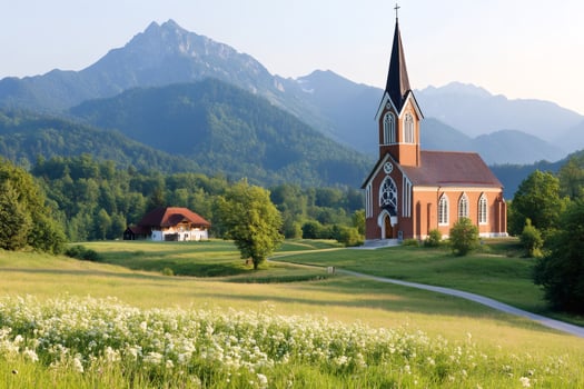 Breathtaking Bavarian landscape featuring a church and the Herzogstand mountain photo