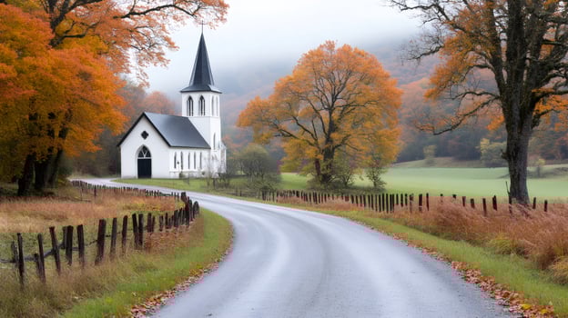 Winding road leading to a white church in autumn landscape. photo