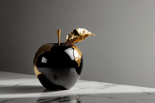 Elegant Black and Gold Apple Sculpture Still Life on Marble Surface photo