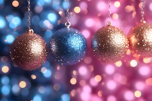 Festive Holiday Glitter Ornaments Against Vibrant Bokeh for Christmas Design photo