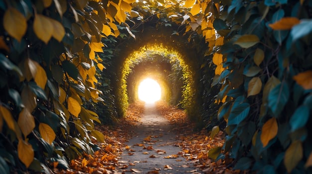 Journey through lush foliage leading to bright light illuminating the path photo