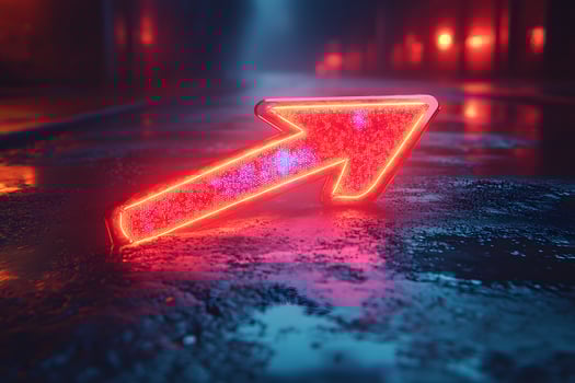 Neon Arrow on Wet Asphalt in Urban Nightscape - Futuristic Signage for Direction Concept photo