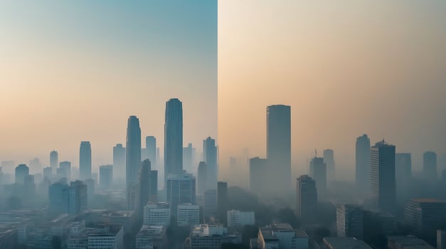City skyline effects of climate change revealed in split image photo