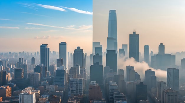 Urban skyline comparison showcasing clarity and pollution effects on city environments photo