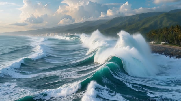 Approaching tsunami wave in coastal area caused by climate change effects photo