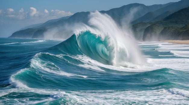 Massive tsunami wave approaches shoreline, highlighting the effects of climate change photo