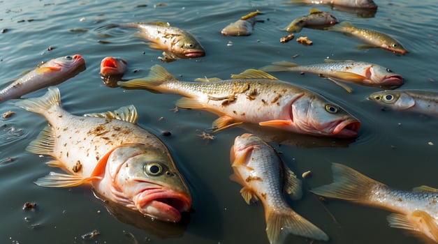 Water pollution causes fish deaths in local water body highlighting climate change effects photo