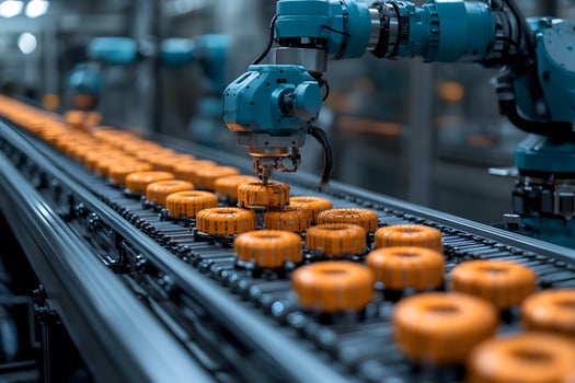 Industrial Automation in Food Processing Robotic Arm on Conveyor Belt photo