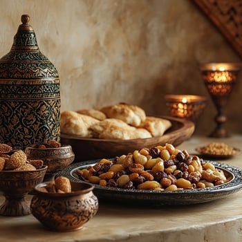 Festive Eid table setting with traditional treats and elegant decorations photo