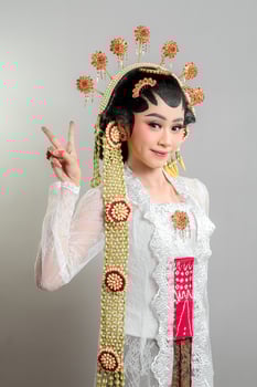 a Indonesian bride in Solo Putri attire, wearing a golden headdress and lace kebaya. She smiles gracefully while making a peace sign, exuding charm, confidence, and cultural elegance. photo