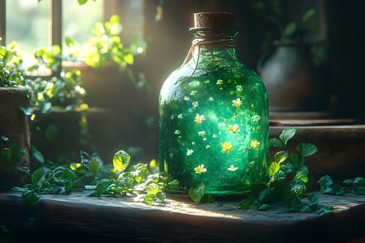 Enchanting Spring Potion in Sunlit Glass Bottle for Magical Herbal Decor photo