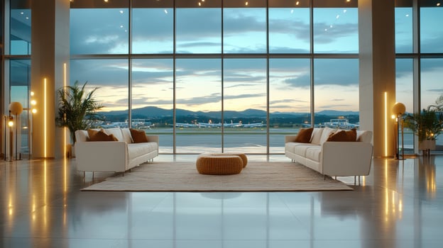 serene airport lounge with modern sofas, soft lighting, and beautiful sunset view photo
