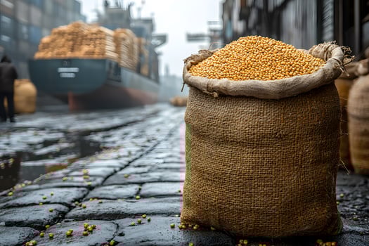 Bulk Grain Shipment at Dockyard with Burlap Sacks and Cargo Ship in Foggy Port photo