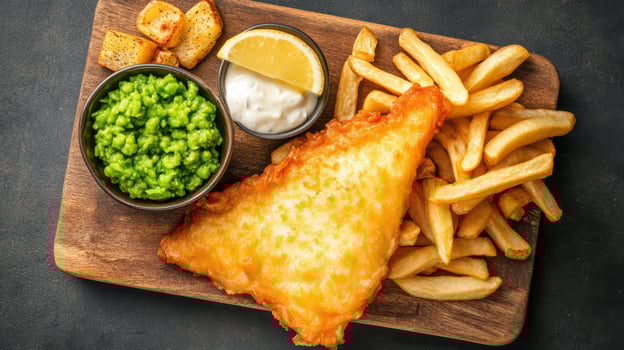 Crispy fish fillet served with golden fries, mushy peas, and slice of lemon, creating delightful photo