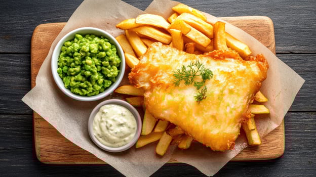 Crispy fish fillet served with golden fries and vibrant green peas, creating delightful meal photo