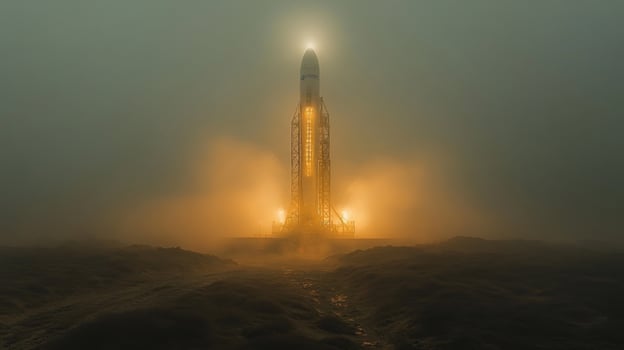 A rocket stands ready for launch in thick fog, illuminated by strong lights. The scene captures the essence of spaceflight, with a focus on propulsion and landing mechanisms. photo