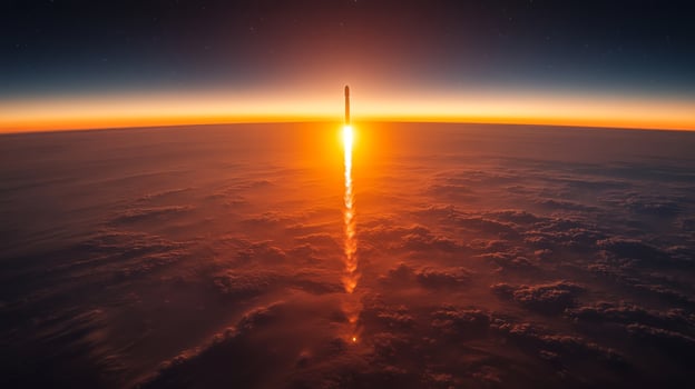 A rocket ascends into the dawn sky, leaving a bright trail of light as it powers through the atmosphere. The scene captures the powerful propulsion and the stunning colors of reentry. photo