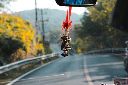 Experience a Charming Roadside View that Features a Beautiful Decorative Car Charm photo