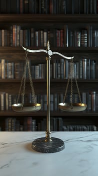 Brass Scale on Marble Surface with Bookcase Background photo