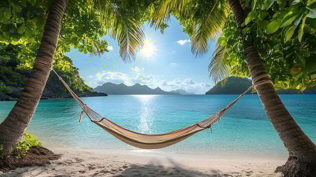 Hammock tied between two palm trees, overlooking a tranquil turquoise sea, gentle breeze rustling through lush green leaves. photo