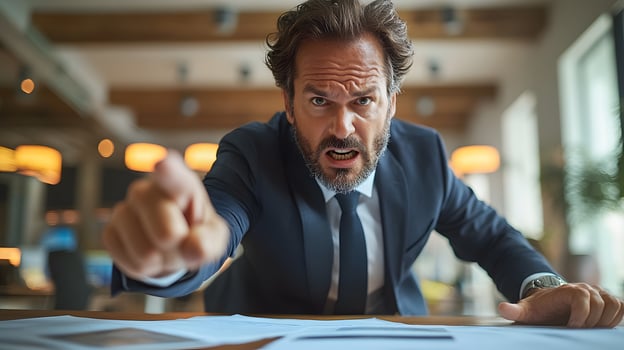 Angry business executive pointing at report in frustration photo
