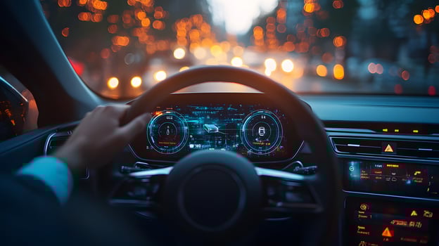 Driver using a digital dashboard in an autonomous electric vehicle, futuristic car technology interface, high-resolution automotive concept photo