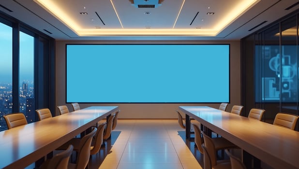 a conference room with a large screen photo