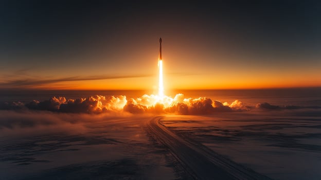 Rocket lifts off against a backdrop of clouds and an orange sky, displaying the incredible force of propulsion as it begins its journey into space during early morning light. photo