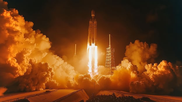 A rocket lifts off the launch pad, surrounded by billowing clouds of smoke and fire. Bright flames burst from the engines, illuminating the night sky as it ascends into space. photo