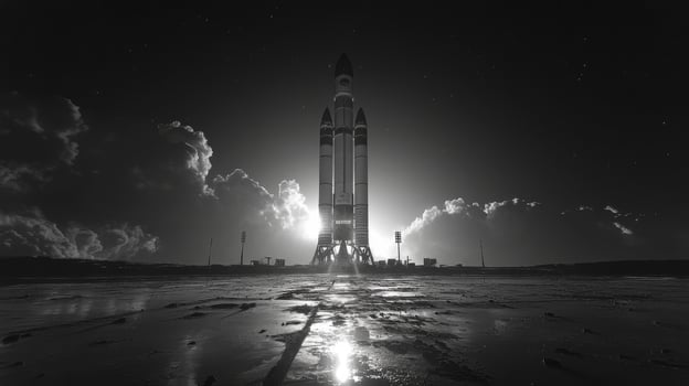 A massive rocket stands poised for lift off at a launch facility, its structure illuminated against a dramatic backdrop of clouds and early dawn light, ready to enter orbit. photo