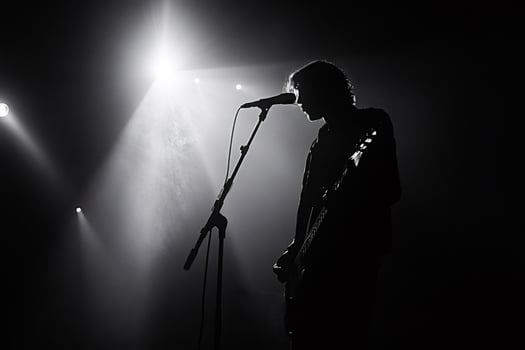 Guitarist singing and playing guitar on stage under spotlights photo