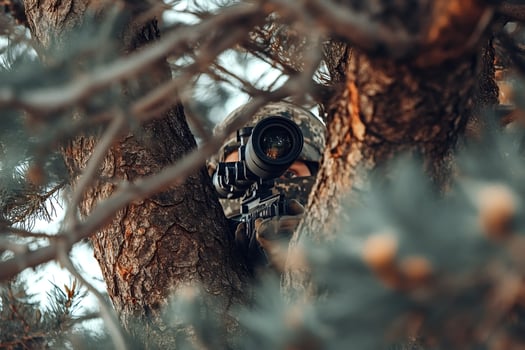 Soldier aiming with sniper rifle hidden in forest photo
