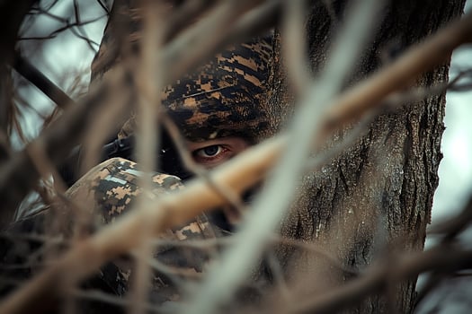 Soldier hiding in the woods aiming with rifle photo