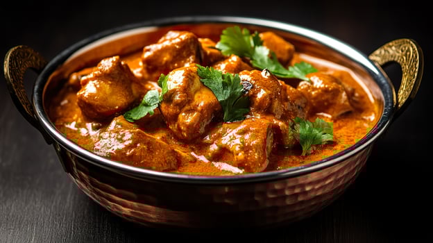 Creamy orange butter chicken served in hammered copper bowl on dark background photo