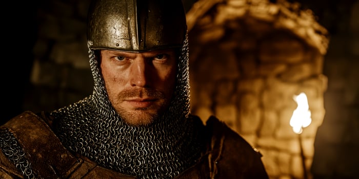 Medieval knight in chainmail and helmet stands resolute in a dimly lit stone fortress with torch lit walls photo