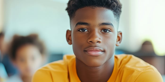 Teenage boy in classroom setting with focused expression and casual attire photo