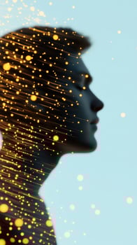 Silhouette of a man with abstract glowing lines and dots in a futuristic blue background photo