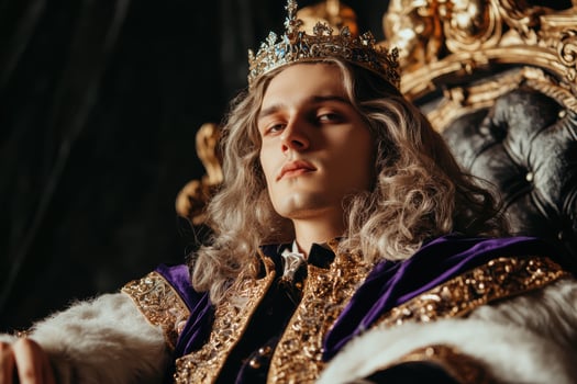 Regal nobleman in ornate royal attire seated on an elaborate throne with golden crown and luxurious fabrics photo