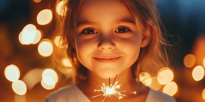 Joyful child holding sparkler at night with glowing bokeh lights photo